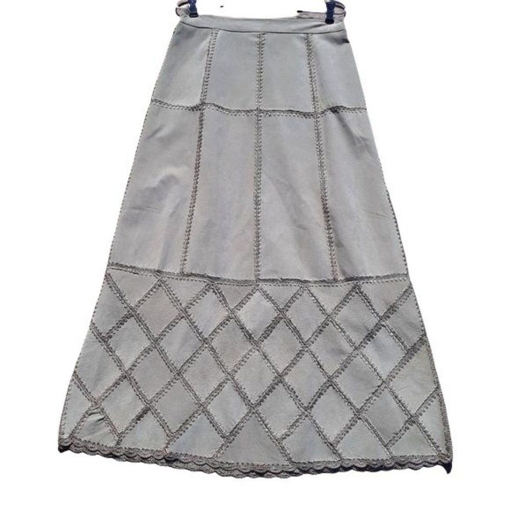 Vintage 80's Boho Hippie Leather Patchwork Crochet Maxi Skirt Bone Color Sz 10
